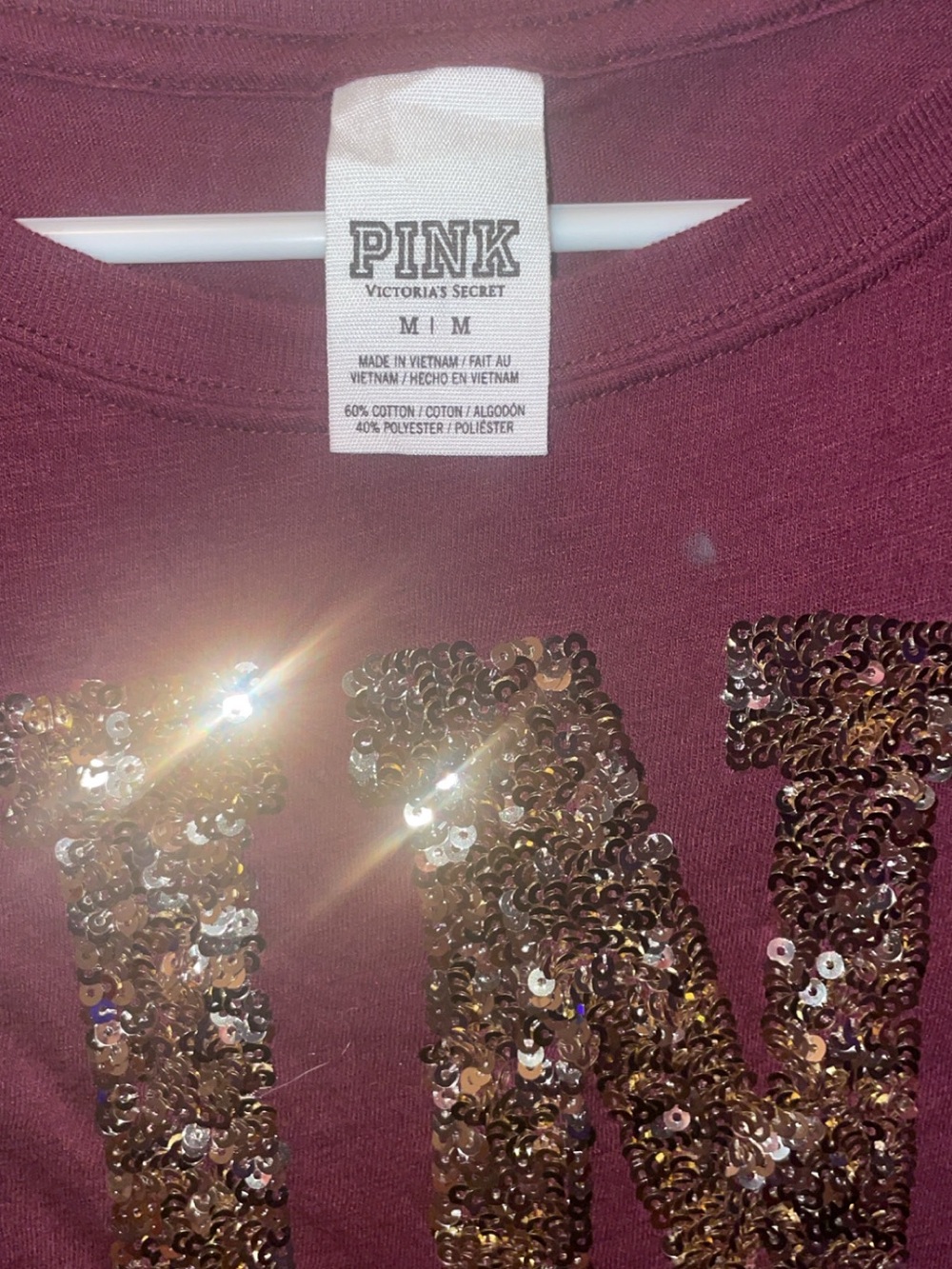 PINK Victoria's Secret Womens Maroon Sequin Logo Tee with Gold Sleeve Stripes - Picture 2 of 4